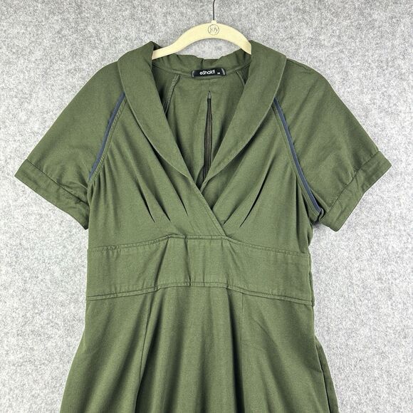 Eshakti Fit Flare Dress Womens Small 6 Olive Green Pockets Cotton Stretch Zip - Picture 2 of 15